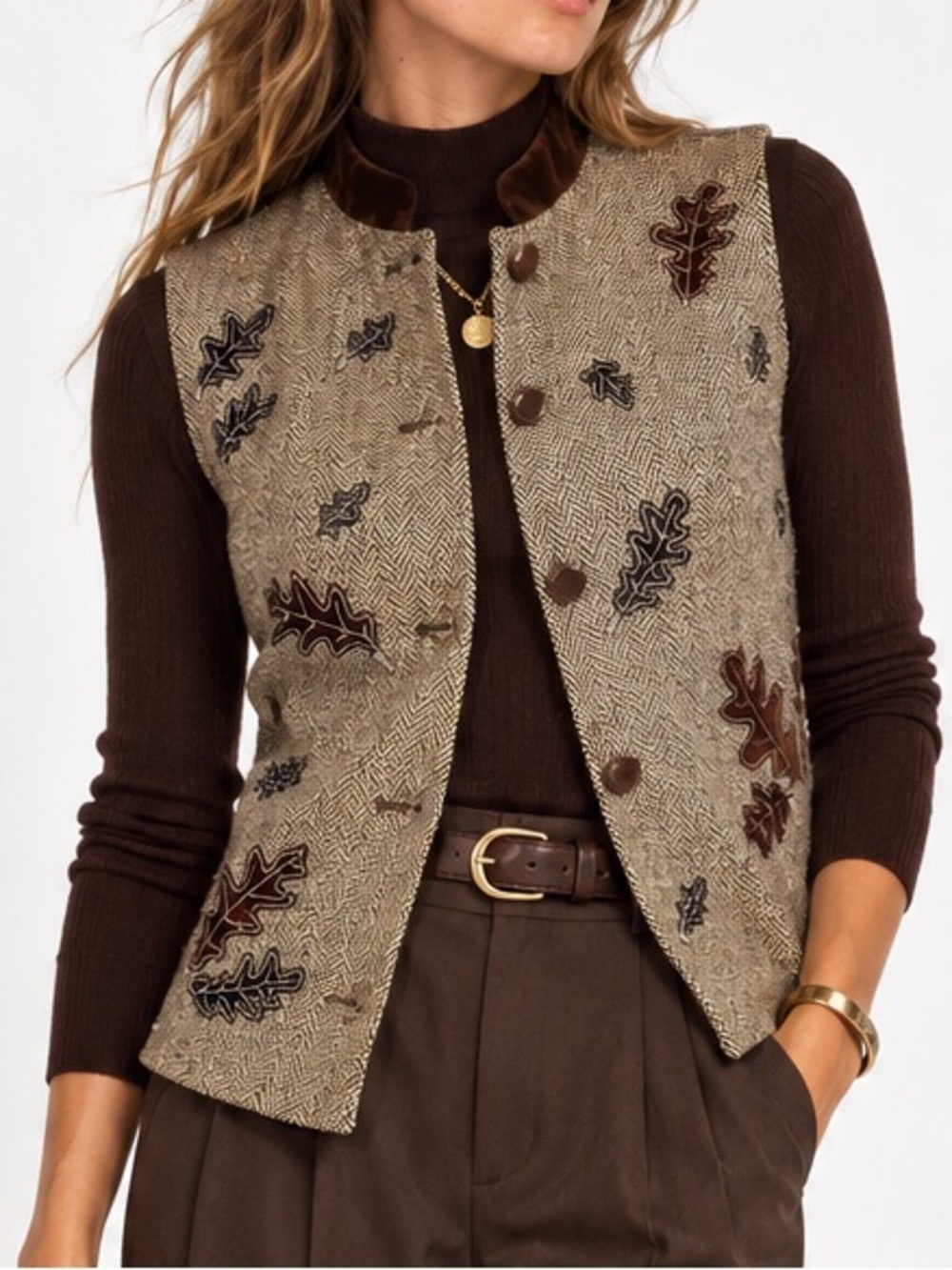 Talbots Vintage Herringbone Tweed Fall Leaf Vest Brown Velvet Trim Medium